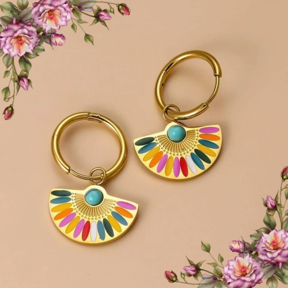 Toppiercing fake Turquoise stainless steel Fan-shaped Drop Earrings‎
